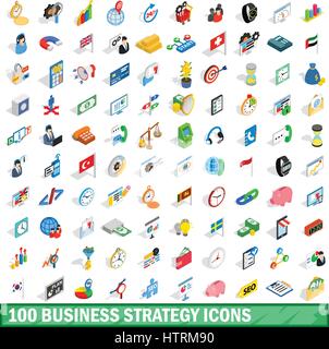 100 business strategy icons set, isometric style Stock Vector