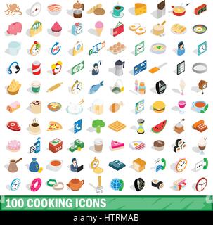 100 cooking icons set, isometric 3d style Stock Vector