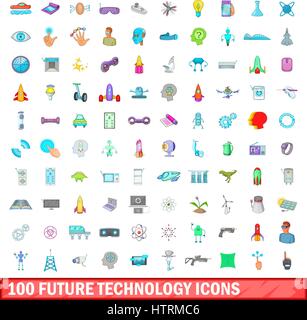 100 future technology icons set, cartoon style Stock Vector