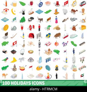 100 holidays icons set, isometric 3d style Stock Vector
