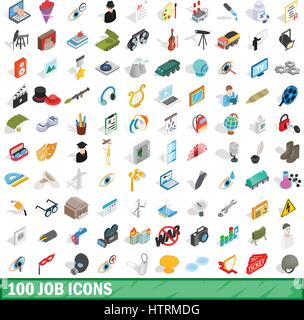 100 job icons set, isometric 3d style Stock Vector