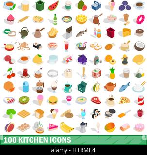 100 kitchen icons set, isometric 3d style Stock Vector