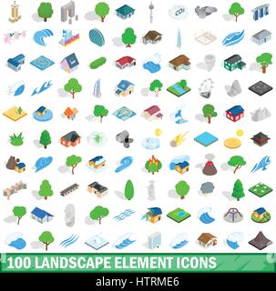 100 landscape element icons set, isometric style Stock Vector