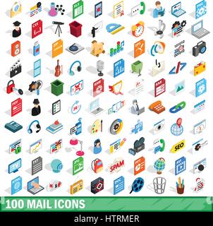 100 mail icons set, isometric 3d style Stock Vector