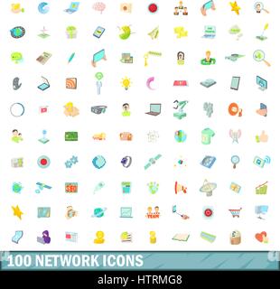 100 network icons set, cartoon style Stock Vector