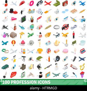 100 profession icons set, isometric 3d style Stock Vector