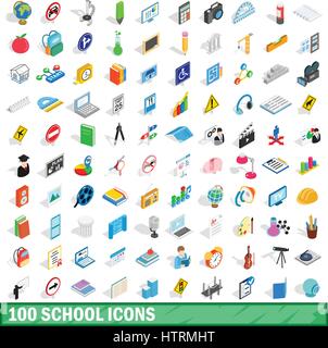 100 school icons set, isometric 3d style Stock Vector