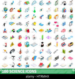 100 science icons set, isometric 3d style Stock Vector