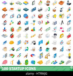 100 startup icons set, isometric 3d style Stock Vector