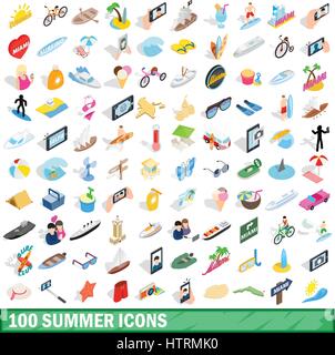 100 summer icons set, isometric 3d style Stock Vector