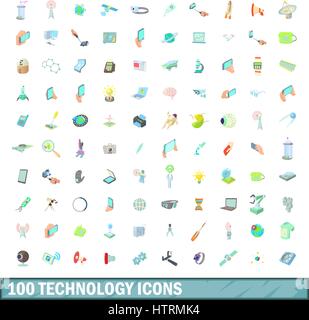 100 technology icons set, cartoon style Stock Vector