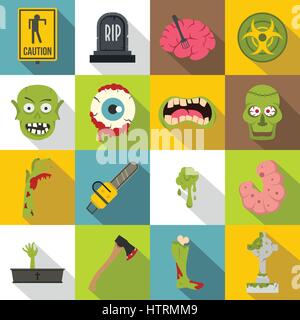 Zombie icons set parts, flat style Stock Vector