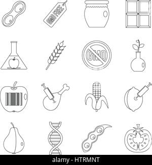 GMO icons set food, outline style Stock Vector