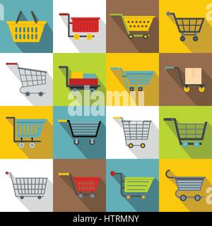 Shopping cart icons set, flat style Stock Vector