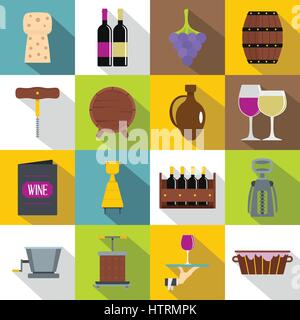 Wine icons set, flat style Stock Vector