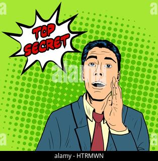 Vector business man telling secret information, holding hand beside the mouth. Pop art retro style illustration, halftone background. Speech bubble To Stock Vector