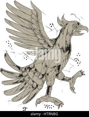 Low polygon style illustration of a glifo from the azteca's culture of a Cuauhtli showing an eagle in a fighting stance viewed from the side set on is Stock Vector