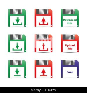 Set of different color icons download and unload, vector illustration. Stock Vector