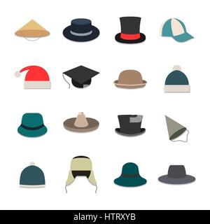 Set of sixteen icons hats isolated on white background, flat style, vector illustration. Stock Vector
