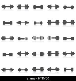 A set of gray icons dumbbell with mirror reflection isolated on white background, vector illustration. Stock Vector