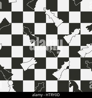Black and white seamless background of boards and chess pieces vector illustration. Stock Vector