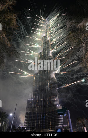 Firework display. Burj Khalifa. New Year's Eve Dec 31st 2016 Dubai, UAE Stock Photo