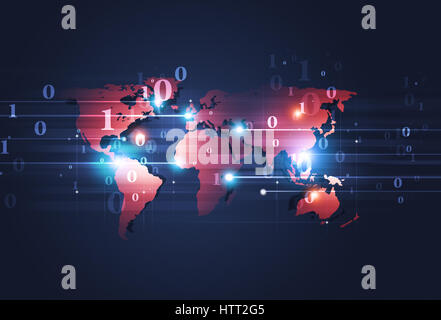 abstract technology binary code and red world map on blue background Stock Photo