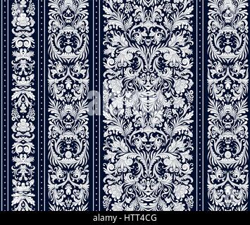 Striped seamless pattern on baroque style. Seamless floral wallpaper. Damask background. Vector illustration. White on dark blue background. Stock Vector