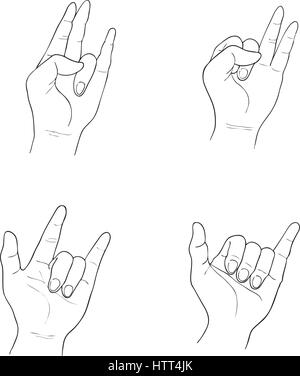 Hand Drawn Sketch Set of Hand Signs Gestures or Body  Language Isolated on White Background. Stock Vector