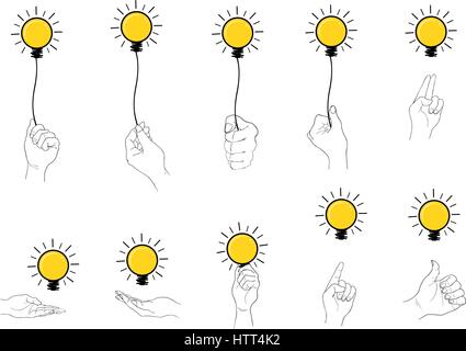 Hand Drawn Sketch Set of Hand Holding Glowing Yellow Electric Light Bulb Smiling As Inspiration Concept and Hot Idea. Isolated on White Background. Stock Vector