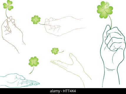 Hand Drawn Sketch Set of Hand Holding Fresh Four Leaf Clover Plants or Shamrock for St. Patricks Day Celebration. Isolated on White Background. Stock Vector