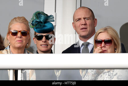 Zara Tindall (second left) and Mike Tindall (second right) in the stands during Champion Day of the 2017 Cheltenham Festival at Cheltenham Racecourse. Stock Photo