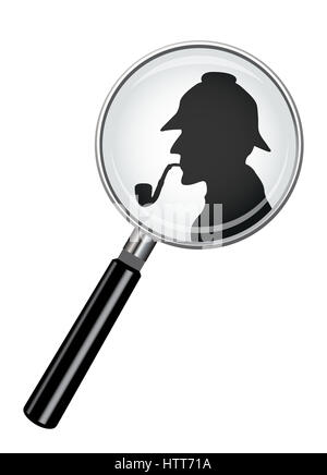 A realistic magnifying glass design with a Sherlock Holmes silhouette isolated on a white background Stock Photo