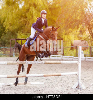 Young horseback sportswoman jumping over obstacles on show jumping competition Stock Photo