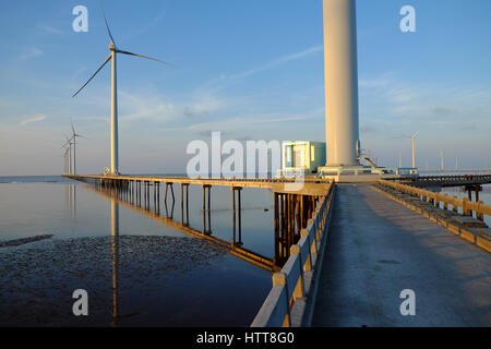 Group wind turbines of Bac Lieu wind power plant at Mekong Delta, Vietnam. Windmill at Baclieu seaside at morning, clean energy for Viet nam industry Stock Photo