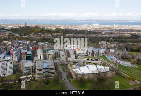 View of Scottish Parliament taken from Salisbury Crags Stock Photo