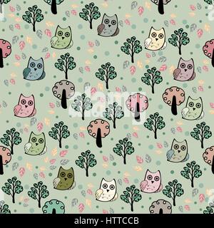 Owls forest vector seamless pattern. Animals bird owl Stock Vector