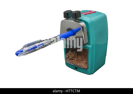 A pencil sharpener isolated with pen inside Stock Photo