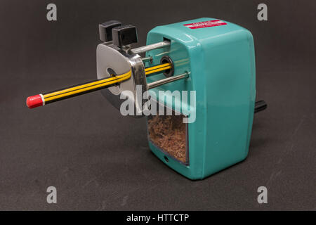 A pencil sharpener isolated with pencil Stock Photo