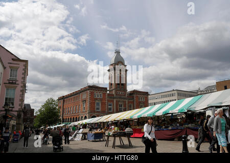 The old chesterfield market hall with the outdoor market, Derbyshire, England UK, English town centre Stock Photo