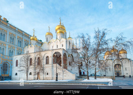 Famous Cathedrals of Annunciation and Assumtions on Cathedral Square in Moscow Kremlin Stock Photo