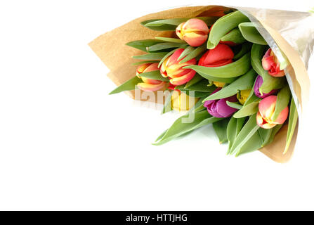 Bouquet of beautiful multicolored Rainbow Tulips wrapped in brown paper on white background with lots of copy space. Stock Photo