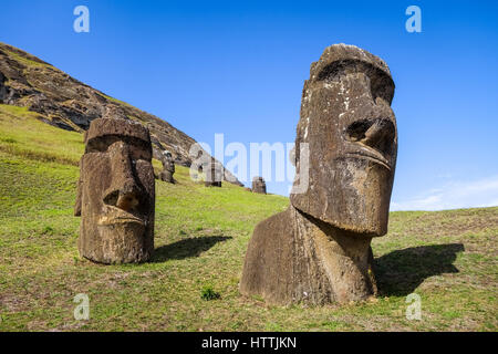 Moais statues on Rano Raraku volcano, easter island, Chile Stock Photo