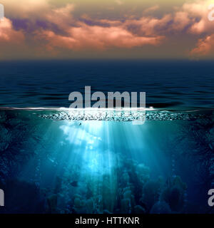 Abstract marine backgrounds with sun beam and underwater landscape Stock Photo