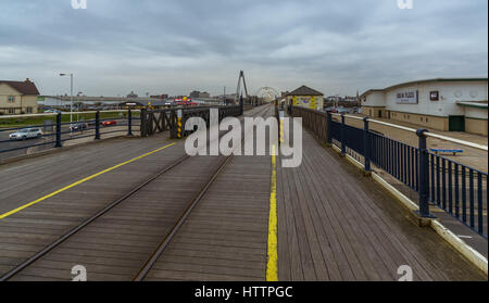 A view along Southport Pier looking towards the Marine Way Bridge and Lake Stock Photo