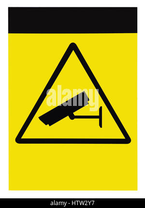 Blank yellow protected by video surveillance sign label, isolated vertical closeup Stock Photo