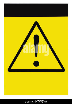 Yellow general caution danger warning attention sign, black triangle exclamation point mark, isolated vertical sticker label, blank empty copy space Stock Photo