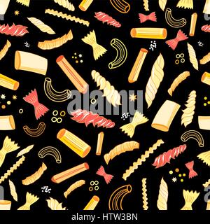Seamless vector pattern with different tasty pasta on a dark background Stock Vector