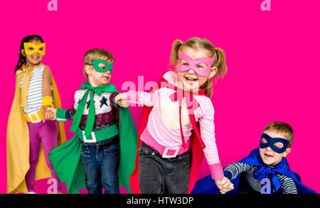 Little Kids Dressing Superhero Hold Hands Stock Photo