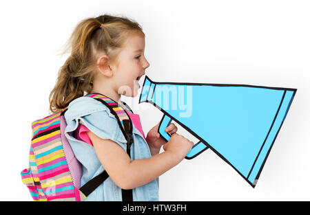 Little Girl Holding Papercraft Megaphone Stock Photo